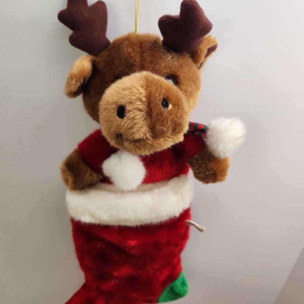 Vtg Christmas King Plush 21" Brown Reindeer Soft Red Green Christmas Stocking